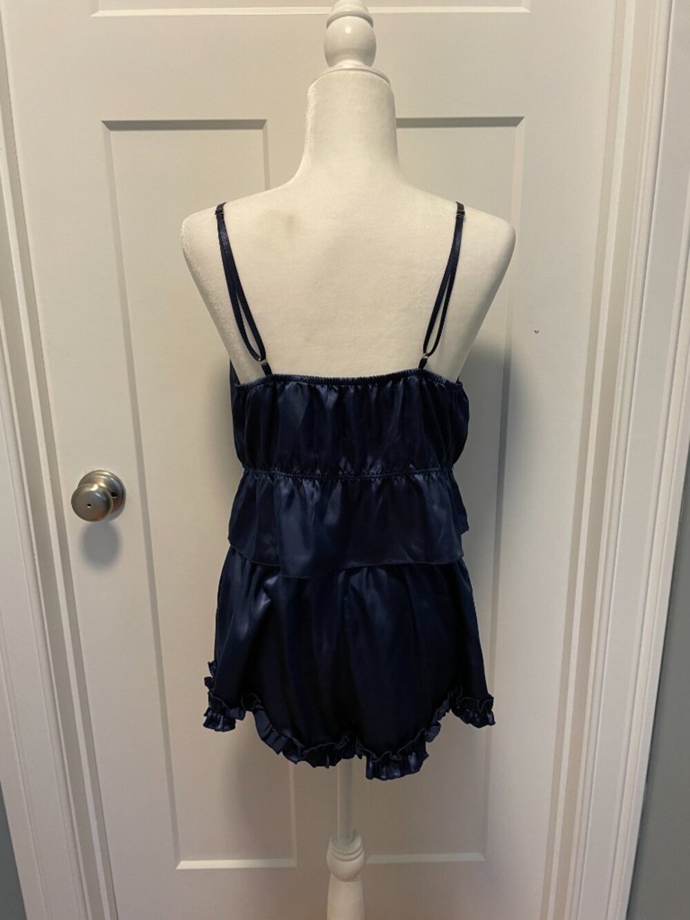 Satin Cami Ruffle Shorts Sleep Set Navy Blue Coquette Lounge Two Piece Size L/XL - Picture 5 of 14